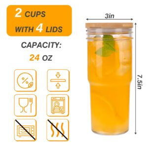 Moretoes 2pcs 24oz Glass Cups with Lids and Straws, Glass Iced Coffee Cups Cute Travel Tumbler Cup, Drinking Jars Set Reusable Boba Bottle for Jumbo Smoothie, Cold Brew, Soda, Juice