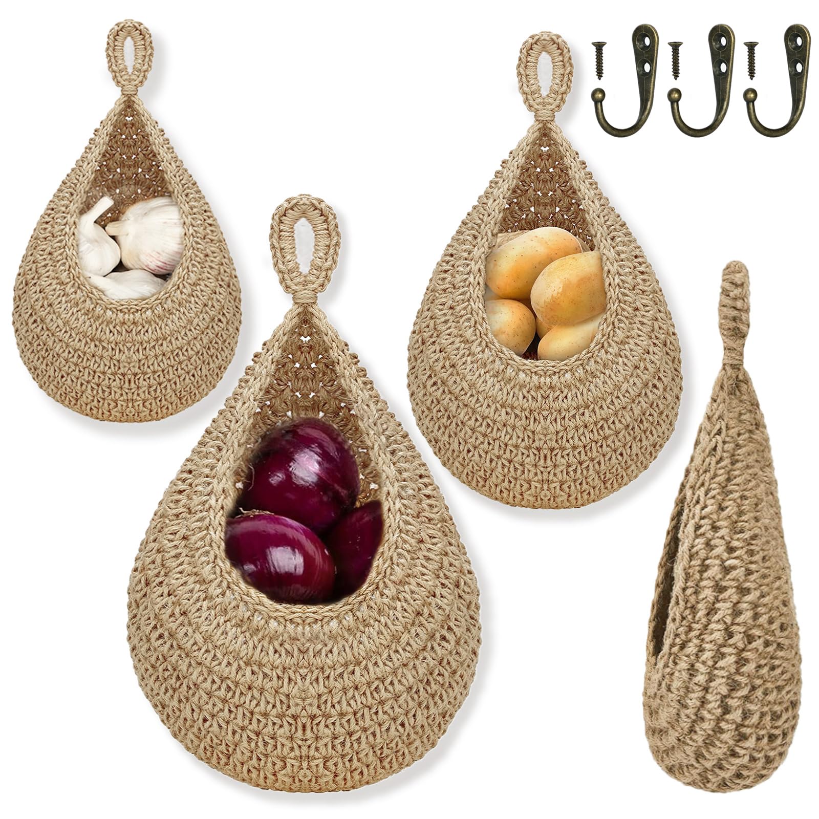 Hanging Fruit Basket for Kitchen, Boho Jute Hanging Baskets for Organizing, Hanging Wall Fruit Vegetable Baskets, Handwoven Decorative Hanging Kitchen Baskets for Potato, Onion Garlic