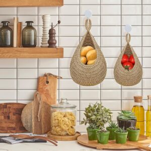 Hanging Fruit Basket for Kitchen, Boho Jute Hanging Baskets for Organizing, Hanging Wall Fruit Vegetable Baskets, Handwoven Decorative Hanging Kitchen Baskets for Potato, Onion Garlic