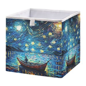 vnurnrn van gogh night lake collapsible cube storage bins, storage box with support board, foldable fabric baskets for shelf closet cabinet