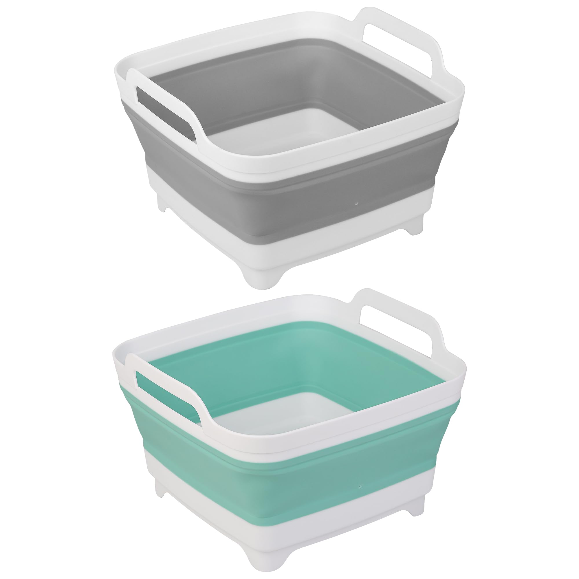 2 Pack Dishpan for Washing Dishes, 2.4Gal/9L Wash Basin with Draining Plug Carry Handles, Collapsible Bucket for Cleaning, Portable Sink, Foldable Plastic Tub