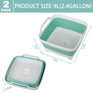 2 Pack Dishpan for Washing Dishes, 2.4Gal/9L Wash Basin with Draining Plug Carry Handles, Collapsible Bucket for Cleaning, Portable Sink, Foldable Plastic Tub