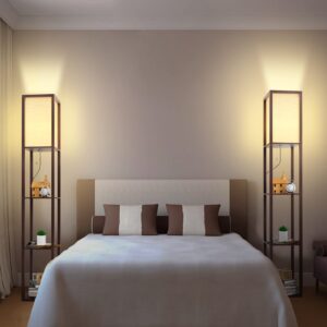 watrue Floor Lamp with Shelves, Shelf Floor Lamp for Living Room, Modern Tall Corner Shelves Floor Lamp for Bedroom Office, White Linen Shape, 3 Color Temperature LED Blub.