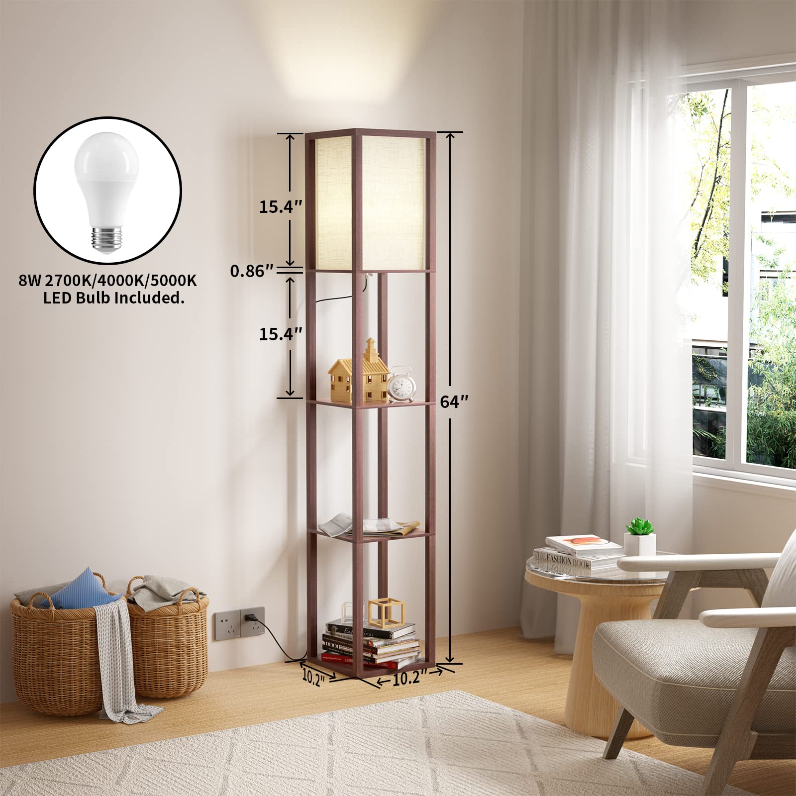 watrue Floor Lamp with Shelves, Shelf Floor Lamp for Living Room, Modern Tall Corner Shelves Floor Lamp for Bedroom Office, White Linen Shape, 3 Color Temperature LED Blub.