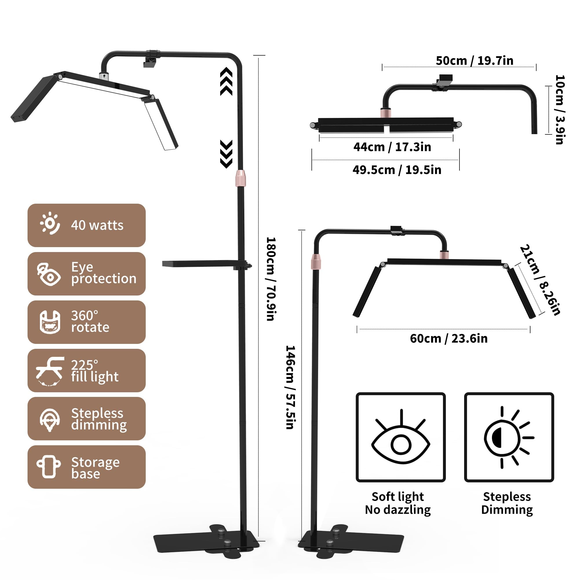 Eyelash LED Floor Light 40W Facialist Moon Light Lashes Dimmable Standing Lamp 3000-6000K Lash Light with Tool Tray and Phone Holder