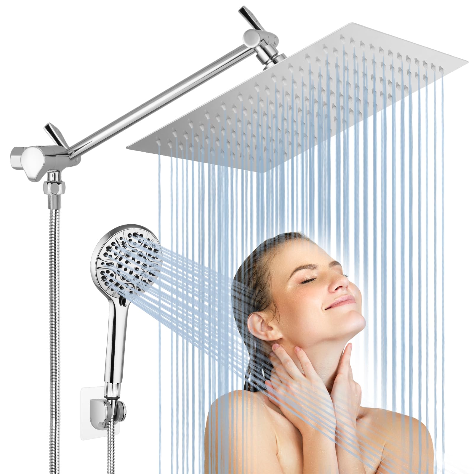 Rain Shower Head with Handheld, Lanhado 12'' High Pressure Rainfall Shower Head with 11'' Extension Arm, 9 Settings Handheld Shower Heads with Holder & Hose, Anti-leak Waterfall Showerhead, Chrome