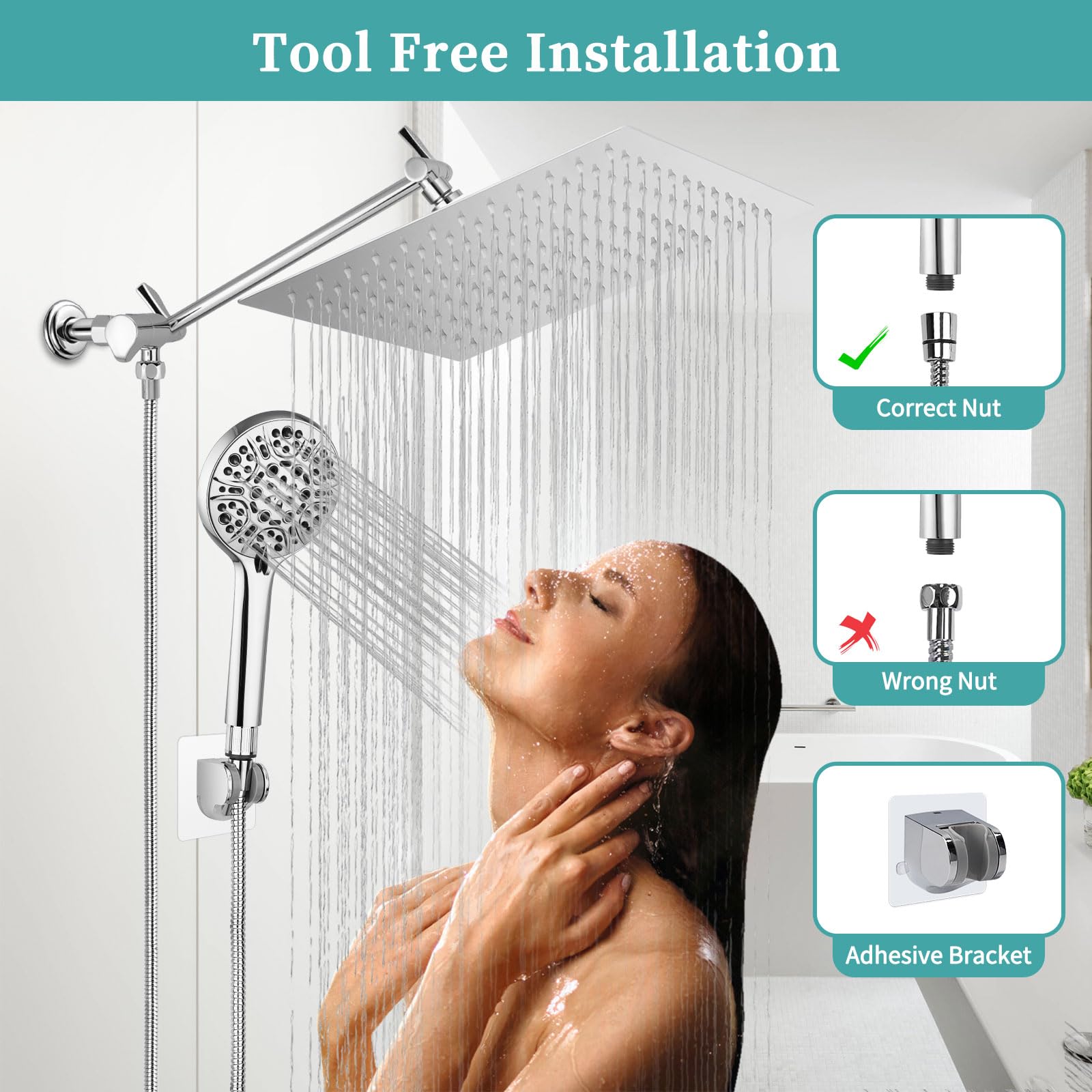 Rain Shower Head with Handheld, Lanhado 12'' High Pressure Rainfall Shower Head with 11'' Extension Arm, 9 Settings Handheld Shower Heads with Holder & Hose, Anti-leak Waterfall Showerhead, Chrome