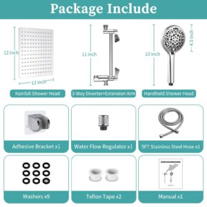 Rain Shower Head with Handheld, Lanhado 12'' High Pressure Rainfall Shower Head with 11'' Extension Arm, 9 Settings Handheld Shower Heads with Holder & Hose, Anti-leak Waterfall Showerhead, Chrome