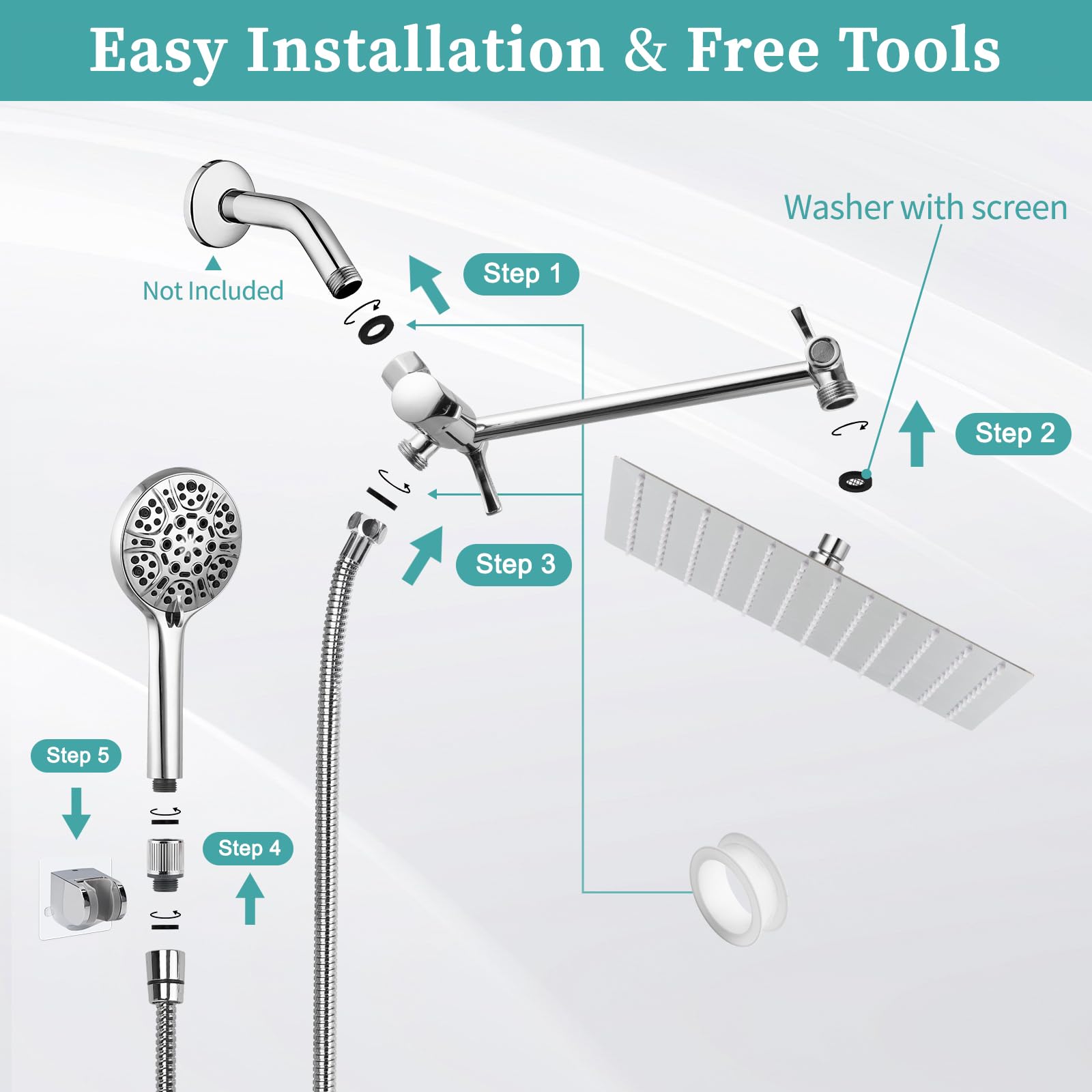 Rain Shower Head with Handheld, Lanhado 12'' High Pressure Rainfall Shower Head with 11'' Extension Arm, 9 Settings Handheld Shower Heads with Holder & Hose, Anti-leak Waterfall Showerhead, Chrome