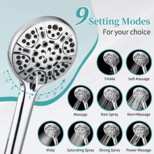 Rain Shower Head with Handheld, Lanhado 12'' High Pressure Rainfall Shower Head with 11'' Extension Arm, 9 Settings Handheld Shower Heads with Holder & Hose, Anti-leak Waterfall Showerhead, Chrome