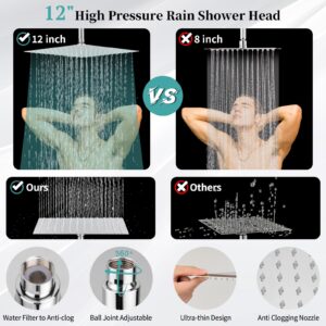 Rain Shower Head with Handheld, Lanhado 12'' High Pressure Rainfall Shower Head with 11'' Extension Arm, 9 Settings Handheld Shower Heads with Holder & Hose, Anti-leak Waterfall Showerhead, Chrome