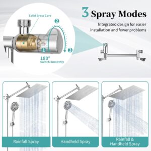 Rain Shower Head with Handheld, Lanhado 12'' High Pressure Rainfall Shower Head with 11'' Extension Arm, 9 Settings Handheld Shower Heads with Holder & Hose, Anti-leak Waterfall Showerhead, Chrome