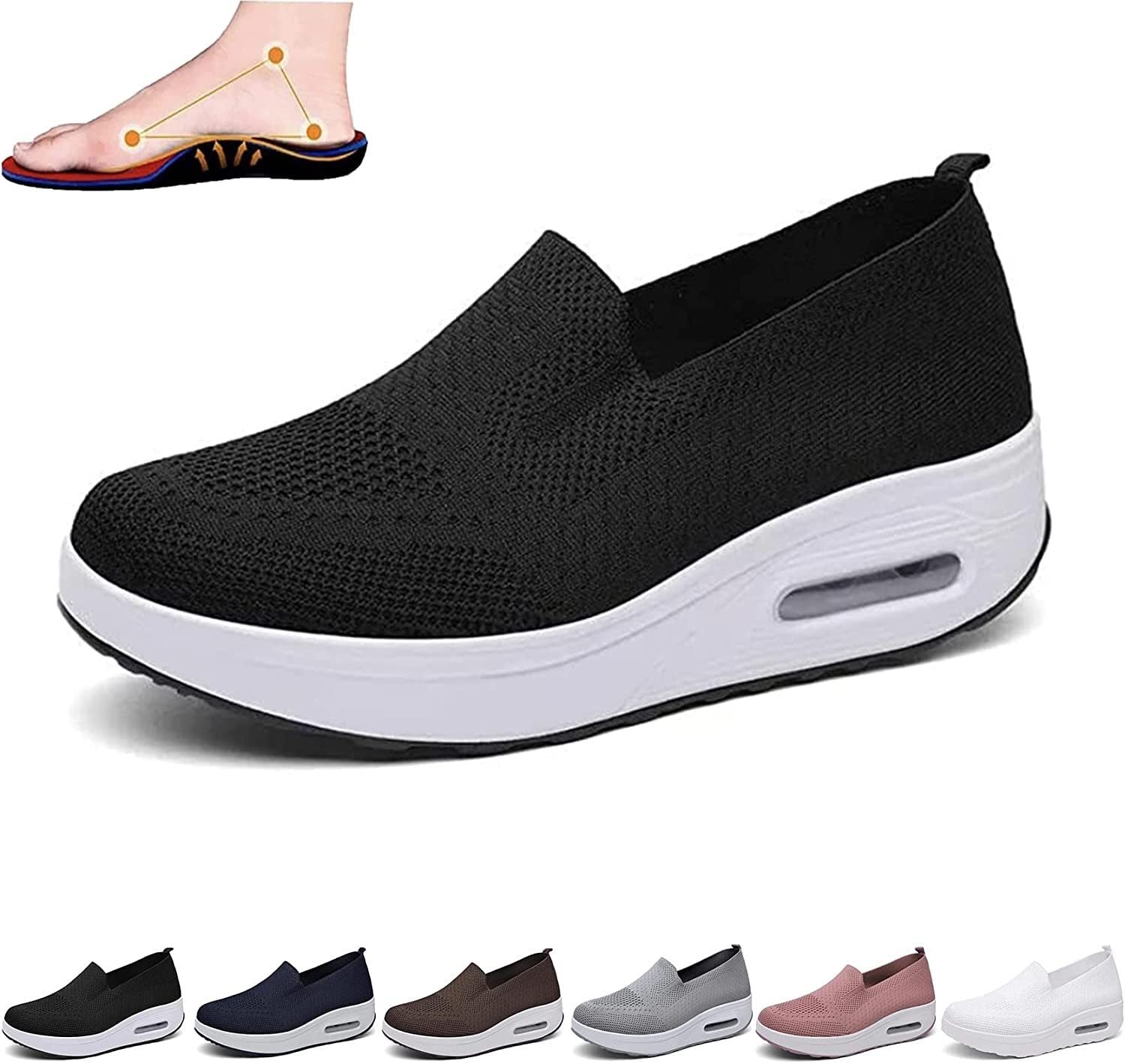 Women's Orthopedic Sneakers,Air Cushion Slip-On Walking Shoes, Mesh Stretch Platform Sneakers, Comfortable Casual Fashion Sneaker Walking Shoes (Color : Black, Size : 5.5)