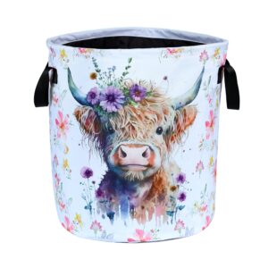 highland cow laundry basket foldable waterproof oxford cloth funny tote bag laundry hamper clothes storage bucket toy organizer for bathroom/laundry storage/bedroom storage basket 17.7x13.7 inch