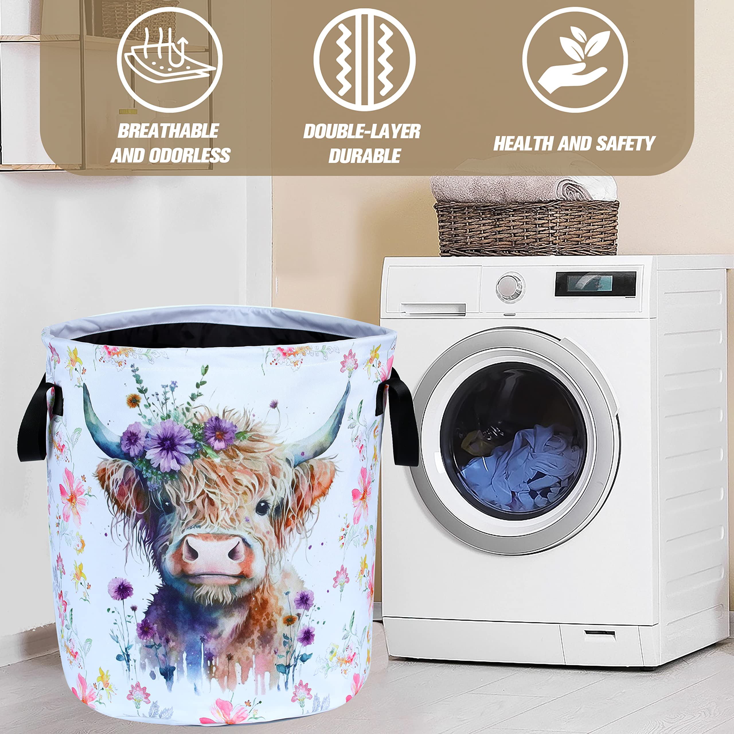 Highland Cow Laundry Basket Foldable Waterproof Oxford Cloth Funny Tote Bag Laundry Hamper Clothes Storage Bucket Toy Organizer For Bathroom/Laundry Storage/Bedroom Storage Basket 17.7x13.7 Inch