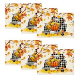 artoid mode maple leaves pumpkins buffalo plaid truck placemats set of 8, 12x18 inch fall autumn thanksgiving harvest table mats for dining decoration