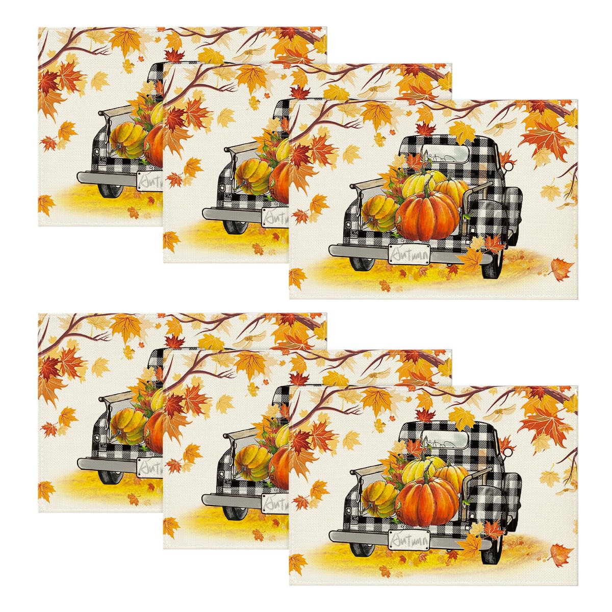 Artoid Mode Maple Leaves Pumpkins Buffalo Plaid Truck Placemats Set of 8, 12x18 Inch Fall Autumn Thanksgiving Harvest Table Mats for Dining Decoration