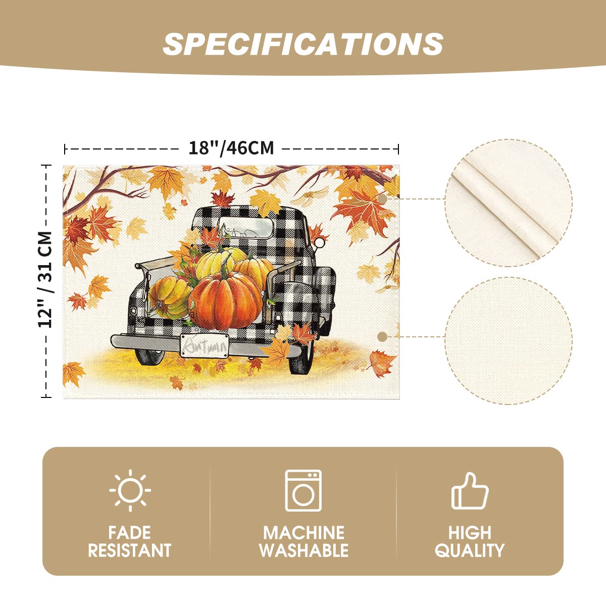 Artoid Mode Maple Leaves Pumpkins Buffalo Plaid Truck Placemats Set of 8, 12x18 Inch Fall Autumn Thanksgiving Harvest Table Mats for Dining Decoration