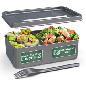 umami stainless steel bento box adult w/fork & divider, microwave safe (yes!) & dishwasher safe, 100% leakproof, large stainless steel metal lunch container for adults