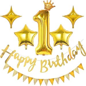 weika 1st birthday decorations first birthday party kit 32 inch number 1 balloon 3d letters happy birthday banner crown foil balloon star aluminum ballons for baby shower boys girls birthday(gold)