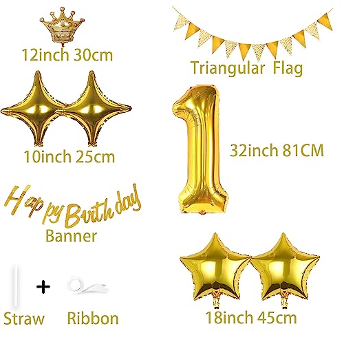 WEIKA 1st Birthday Decorations First Birthday Party Kit 32 Inch Number 1 Balloon 3D Letters Happy Birthday Banner Crown Foil Balloon Star Aluminum Ballons For Baby Shower Boys Girls Birthday(Gold)