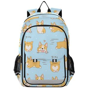kawaii playful corgi dogs backpack for women men, large student school bookbag 15.6 in laptop bag purse travel casual daypack