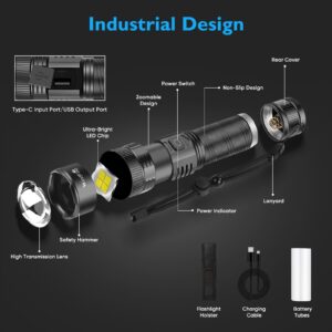 WINDFIRE Rechargeable LED Flashlights High Lumens, 100000 Lumens XHP70 Super Bright Powerful Tactical Flashlight 5 Modes Zoomable Handheld Waterproof Flashlight for Emergencies Camping Hiking