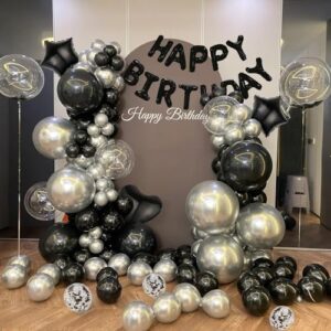 WEIKA 27 Pcs Black Birthday Decorations, 3D Foil Black Happy Birthday Balloon Banner, Pentagram Heart Foil Balloons Confetti Balloons Kit For Boys Girls Birthday Party Supplies