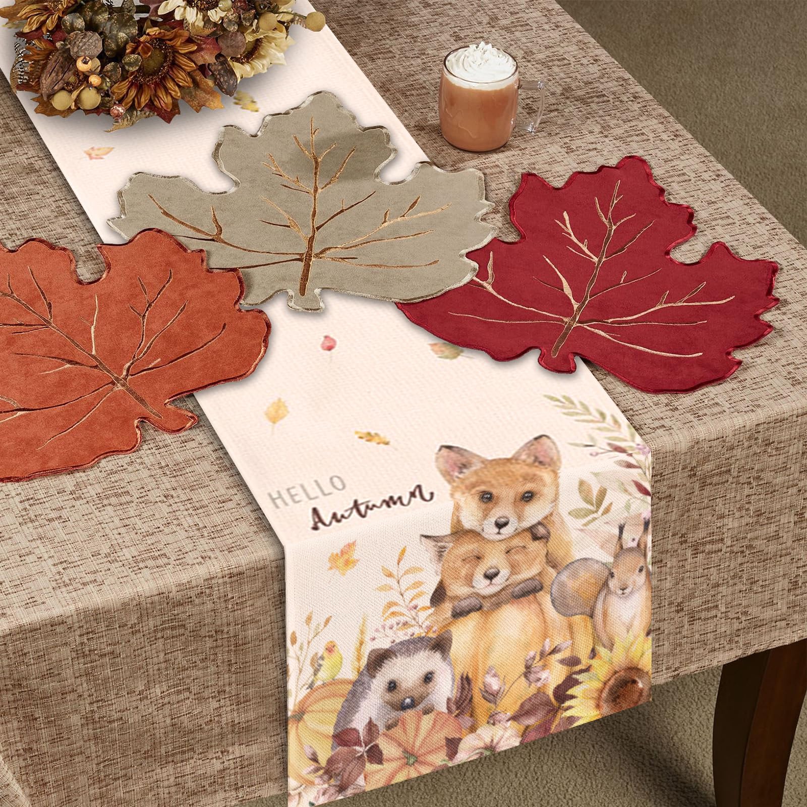 Fall Thanksgiving Table Runner, Fall Table Decorations Pumpkin Animals Autumn Table Runners Seasonal Fall Thanksgiving Holiday Decor for Indoor Outdoor Dining Table 13x72 Inches