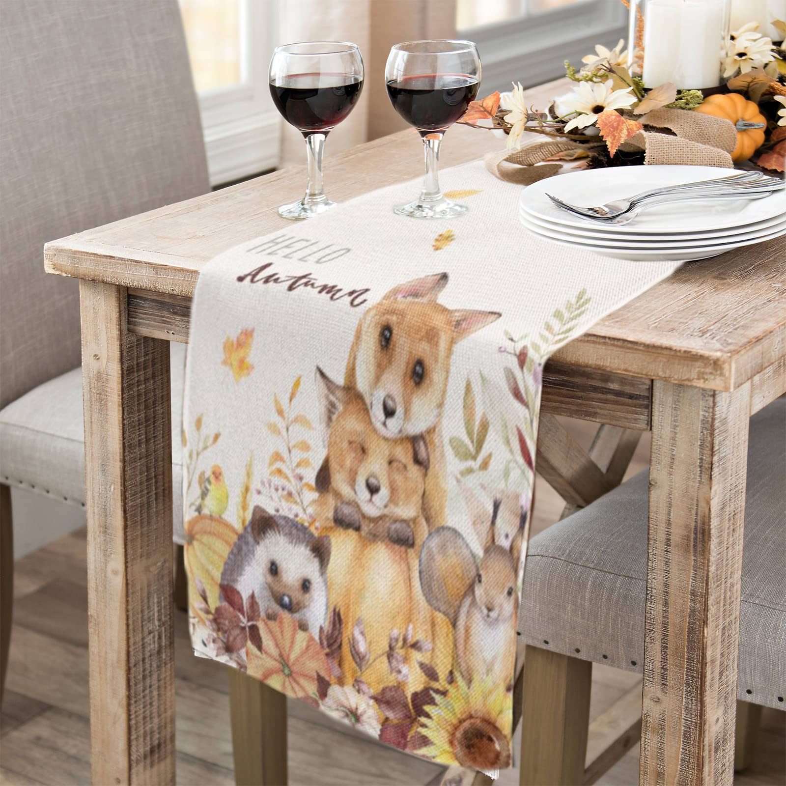 Fall Thanksgiving Table Runner, Fall Table Decorations Pumpkin Animals Autumn Table Runners Seasonal Fall Thanksgiving Holiday Decor for Indoor Outdoor Dining Table 13x72 Inches