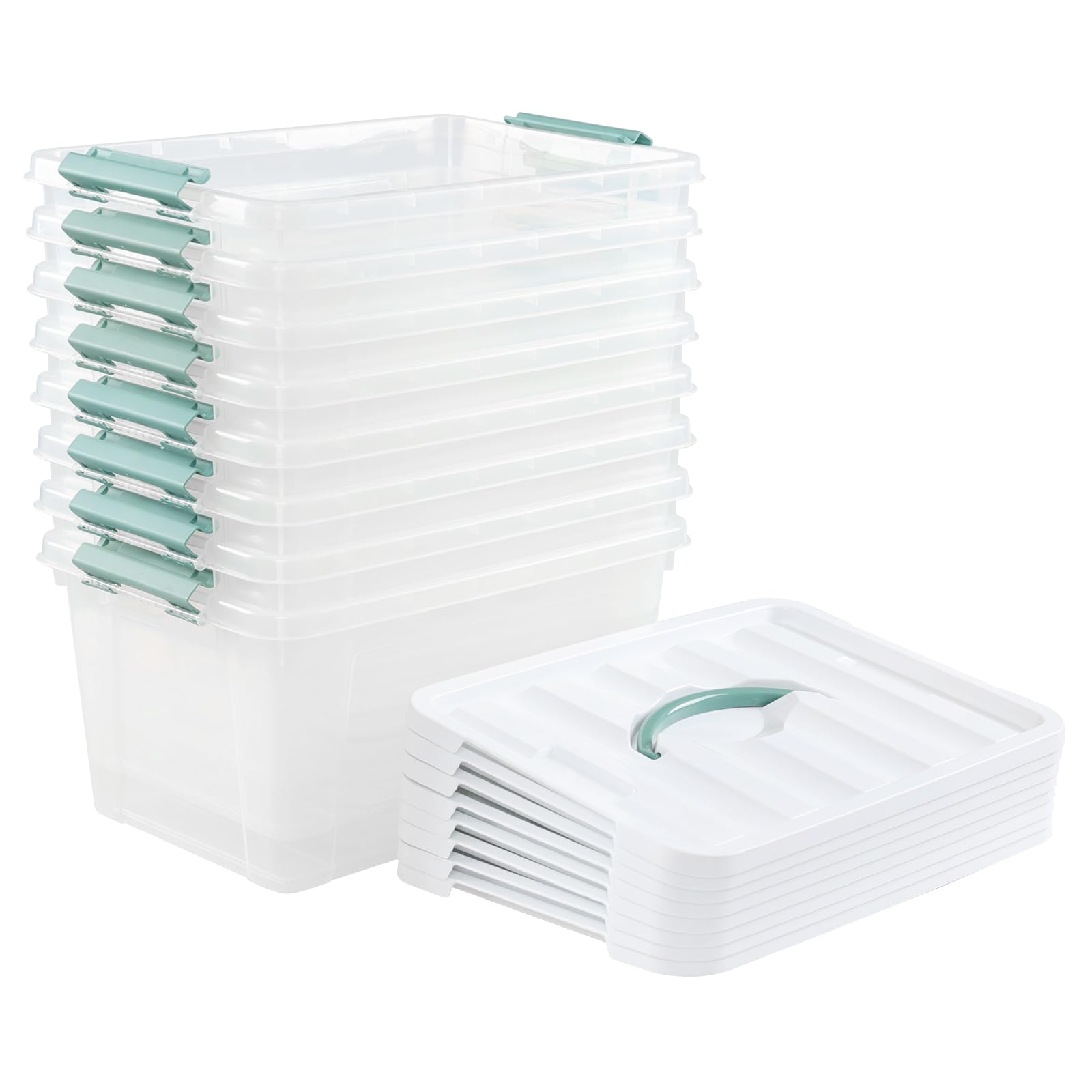 Pekky 14 Quart Plastic Lidded Storage Bins, Clear Storage Box with Handle, Set of 8