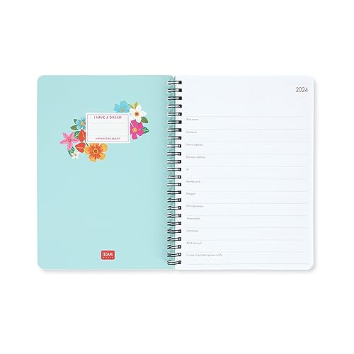 Legami - Spiral Large Weekly Planner, 12 Months, from January 2024 to December 2024, Folding Planner 2024/2025, Elastic Closure, Final Pocket, Address Book, 15 x 21 cm, Flowers Theme