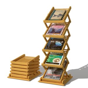 foldable magazine rack floor stand,bamboo brochure display stand portable pop-up literature holder with 5 pockets for trade show exhibitions office retail store living room
