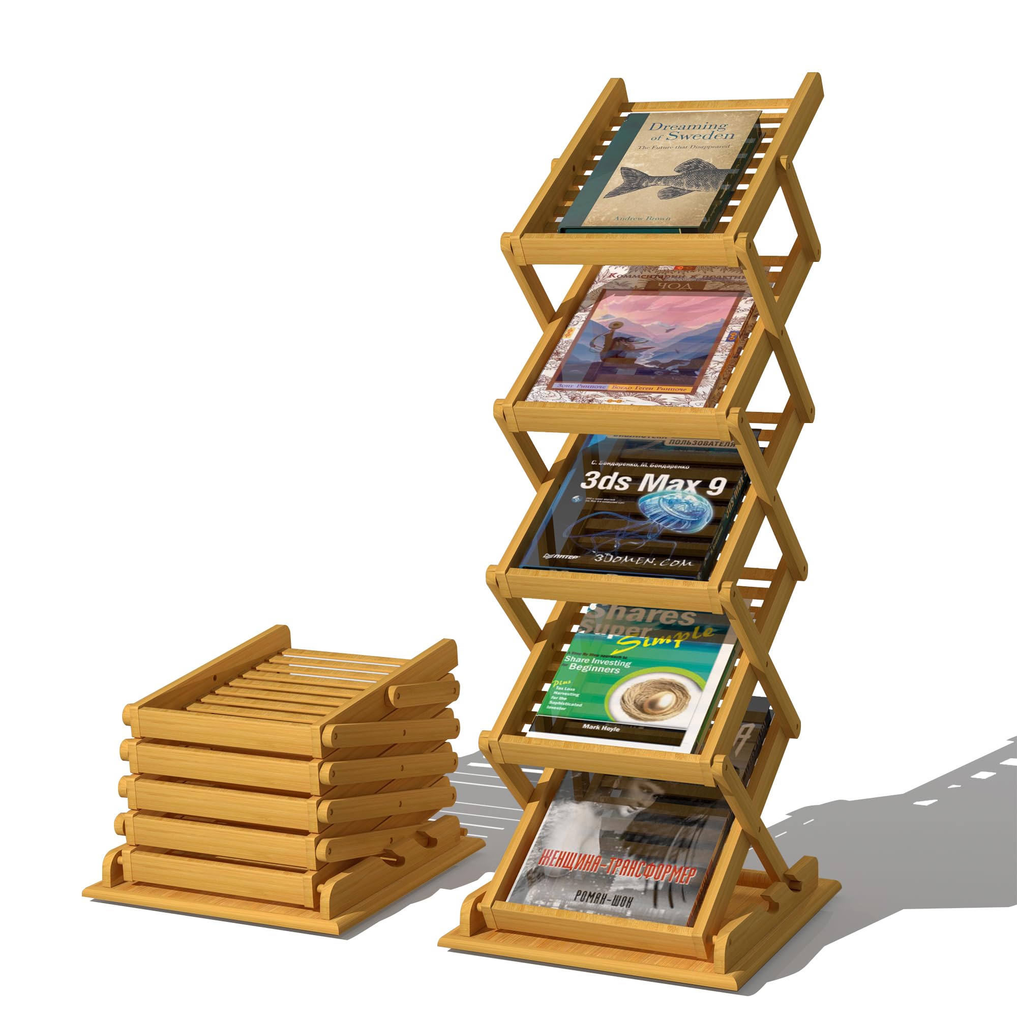 Foldable Magazine Rack Floor Stand,Bamboo Brochure Display Stand Portable Pop-up Literature Holder with 5 Pockets for Trade Show Exhibitions Office Retail Store Living Room