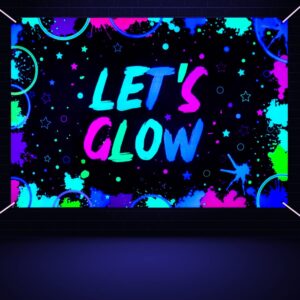 glow neon birthday backdrop - glow in the dark let’s glow banner backdrop black light themed party photography background splatter paint photo booth backdrop, 5.9x3.9ft