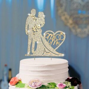 kipetto mr and mrs wedding cake topper sparkly crystal alloy rhinestone bride and groom love heart couple cake topper for wedding anniversary proposal engagement party (type a)