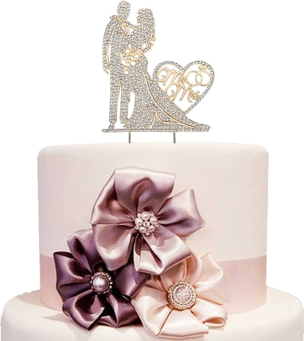 KIPETTO Mr and Mrs Wedding Cake Topper Sparkly Crystal Alloy Rhinestone Bride and Groom Love Heart Couple Cake Topper for Wedding Anniversary Proposal Engagement Party (Type A)