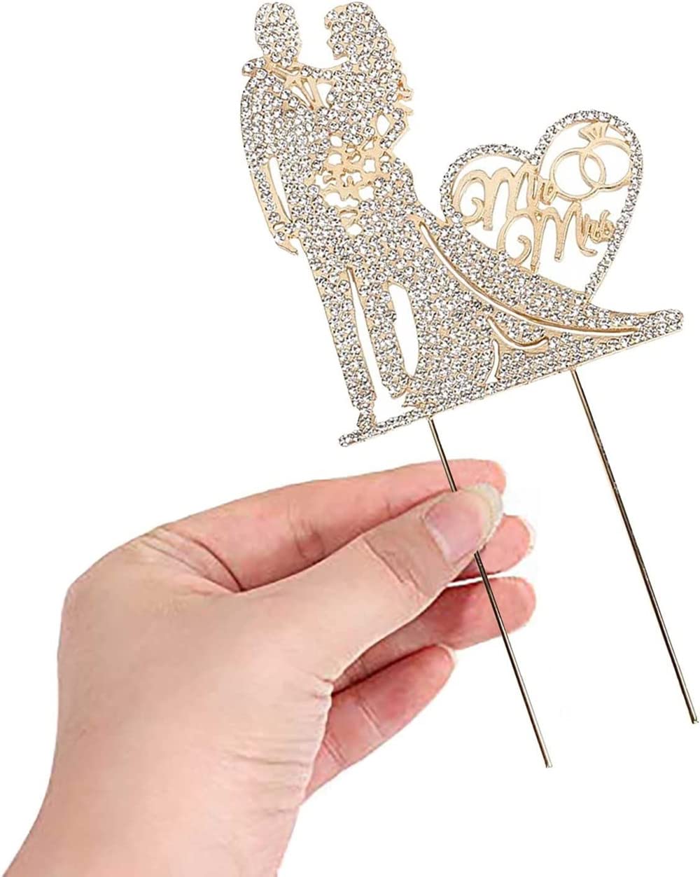 KIPETTO Mr and Mrs Wedding Cake Topper Sparkly Crystal Alloy Rhinestone Bride and Groom Love Heart Couple Cake Topper for Wedding Anniversary Proposal Engagement Party (Type A)