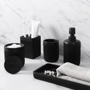 resin matte black bathroom accessories set 5 pcs, lotion soap dispenser toothbrush holder bathroom tumbler cotton swab jar and multifunctional tray, bathroom organizer accessory for modern home decor