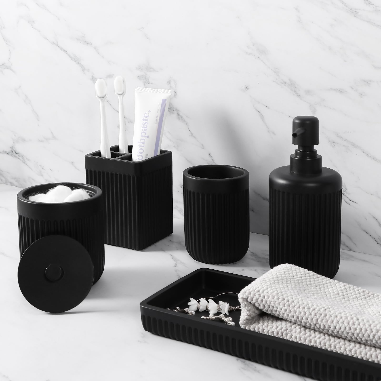 Resin Matte Black Bathroom Accessories Set 5 Pcs, Lotion Soap Dispenser Toothbrush Holder Bathroom Tumbler Cotton Swab Jar and Multifunctional Tray, Bathroom Organizer Accessory for Modern Home Decor