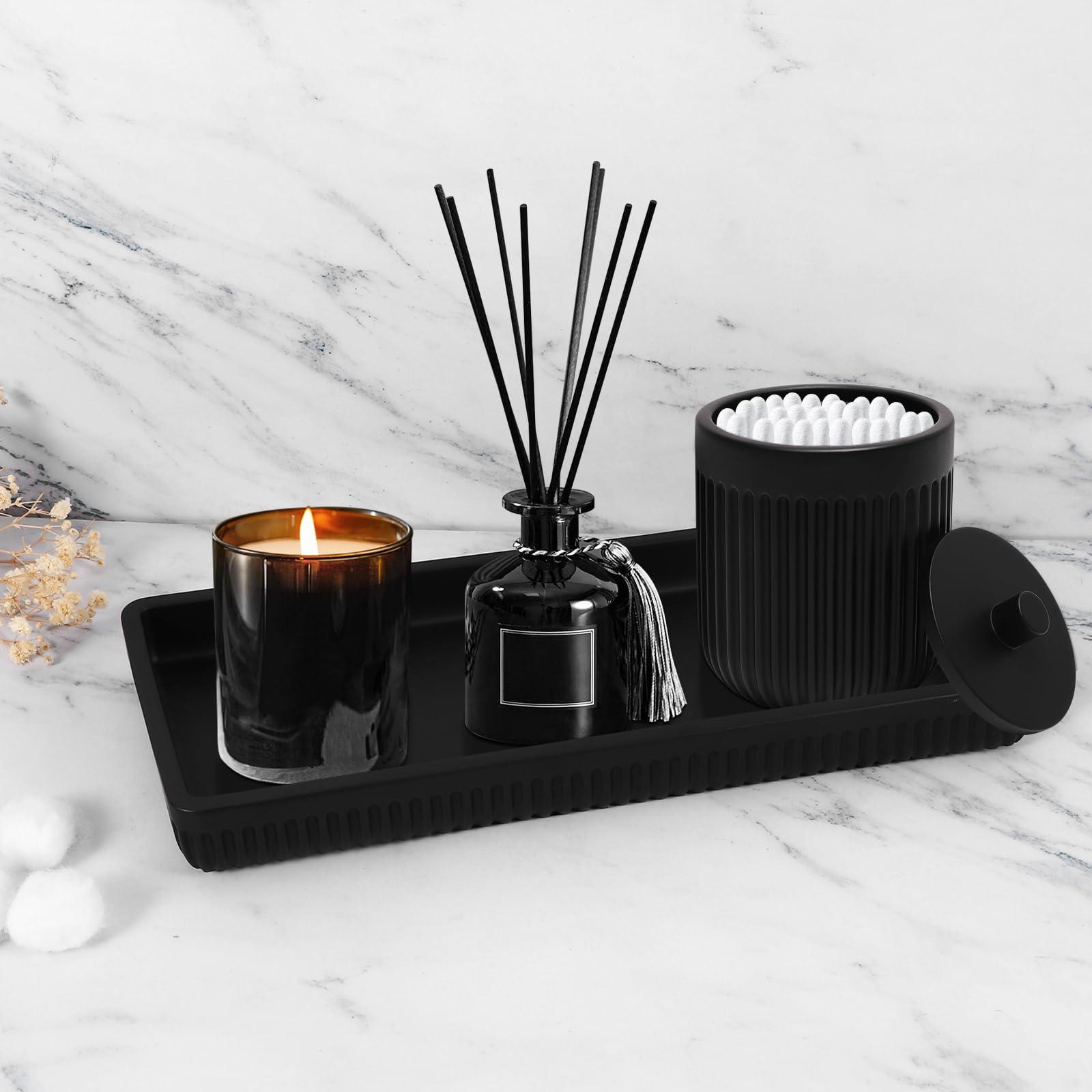 Resin Matte Black Bathroom Accessories Set 5 Pcs, Lotion Soap Dispenser Toothbrush Holder Bathroom Tumbler Cotton Swab Jar and Multifunctional Tray, Bathroom Organizer Accessory for Modern Home Decor