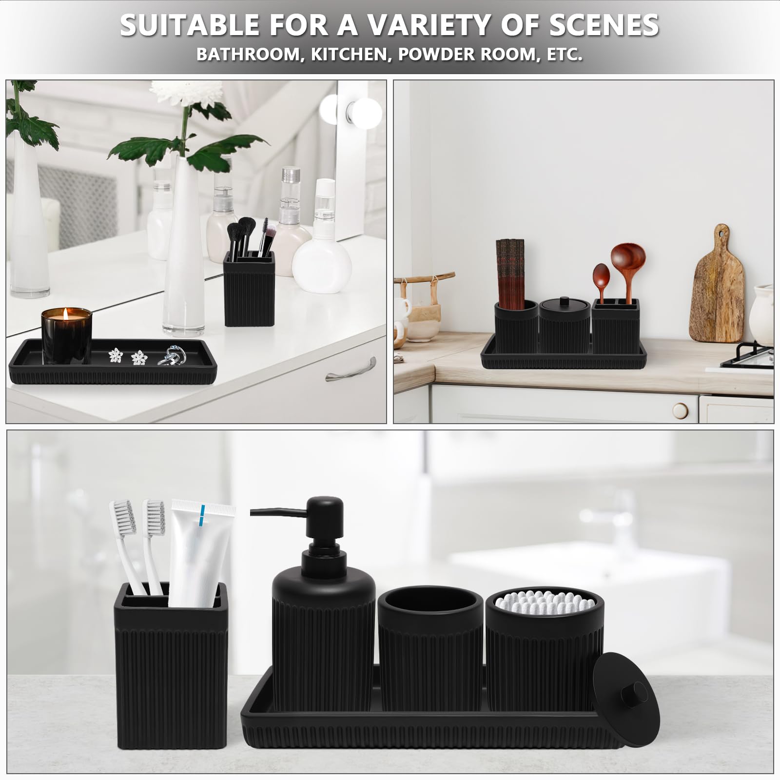 Resin Matte Black Bathroom Accessories Set 5 Pcs, Lotion Soap Dispenser Toothbrush Holder Bathroom Tumbler Cotton Swab Jar and Multifunctional Tray, Bathroom Organizer Accessory for Modern Home Decor