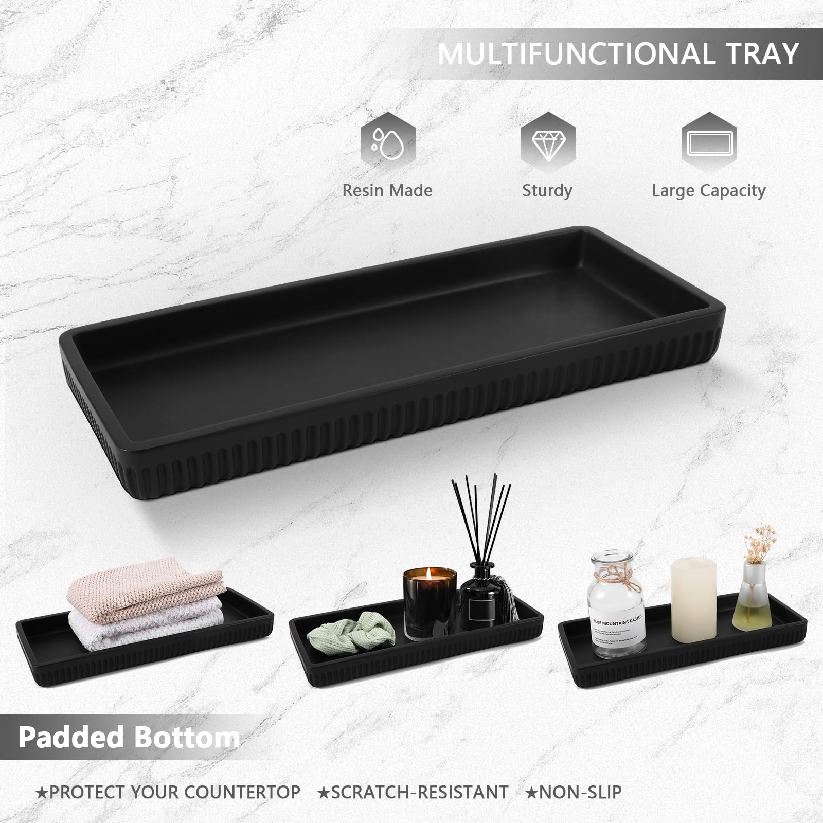 Resin Matte Black Bathroom Accessories Set 5 Pcs, Lotion Soap Dispenser Toothbrush Holder Bathroom Tumbler Cotton Swab Jar and Multifunctional Tray, Bathroom Organizer Accessory for Modern Home Decor