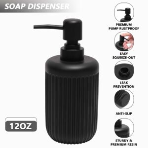 Resin Matte Black Bathroom Accessories Set 5 Pcs, Lotion Soap Dispenser Toothbrush Holder Bathroom Tumbler Cotton Swab Jar and Multifunctional Tray, Bathroom Organizer Accessory for Modern Home Decor