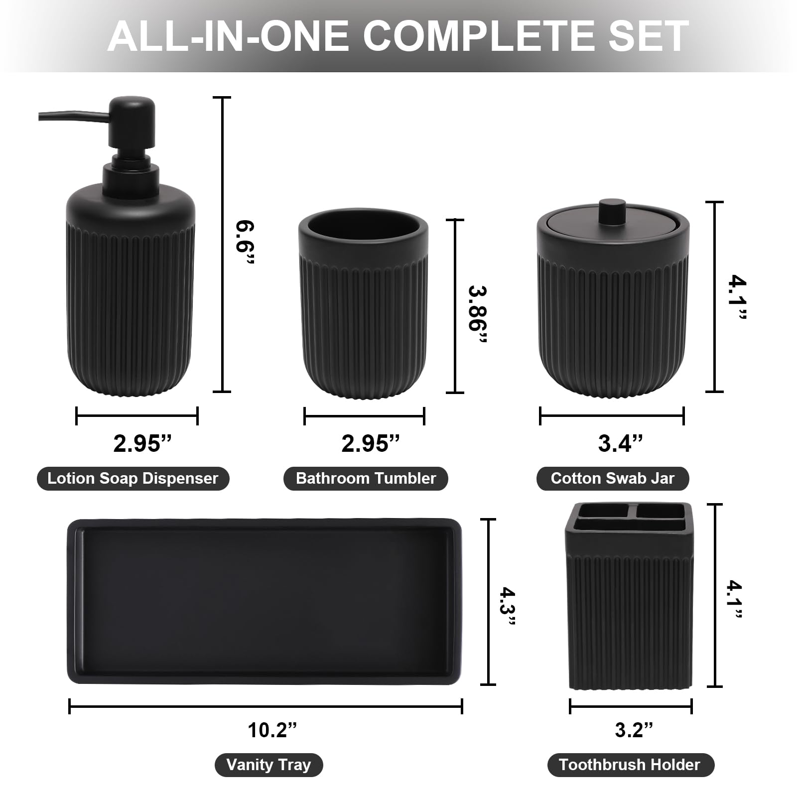 Resin Matte Black Bathroom Accessories Set 5 Pcs, Lotion Soap Dispenser Toothbrush Holder Bathroom Tumbler Cotton Swab Jar and Multifunctional Tray, Bathroom Organizer Accessory for Modern Home Decor