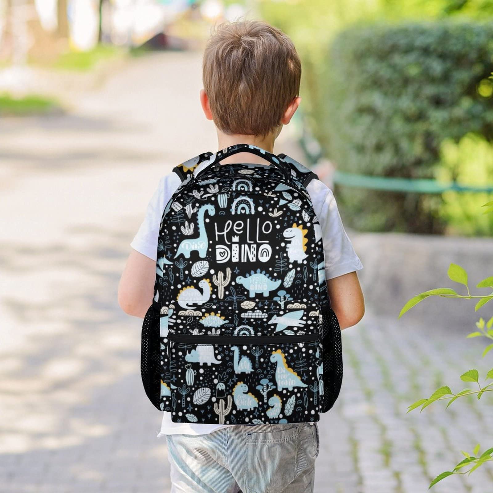 NICEFORNICE Dinosaur Backpacks Boys - 16 Inch Cute Backpack for School - Black Lightweight Bookbag for Kids