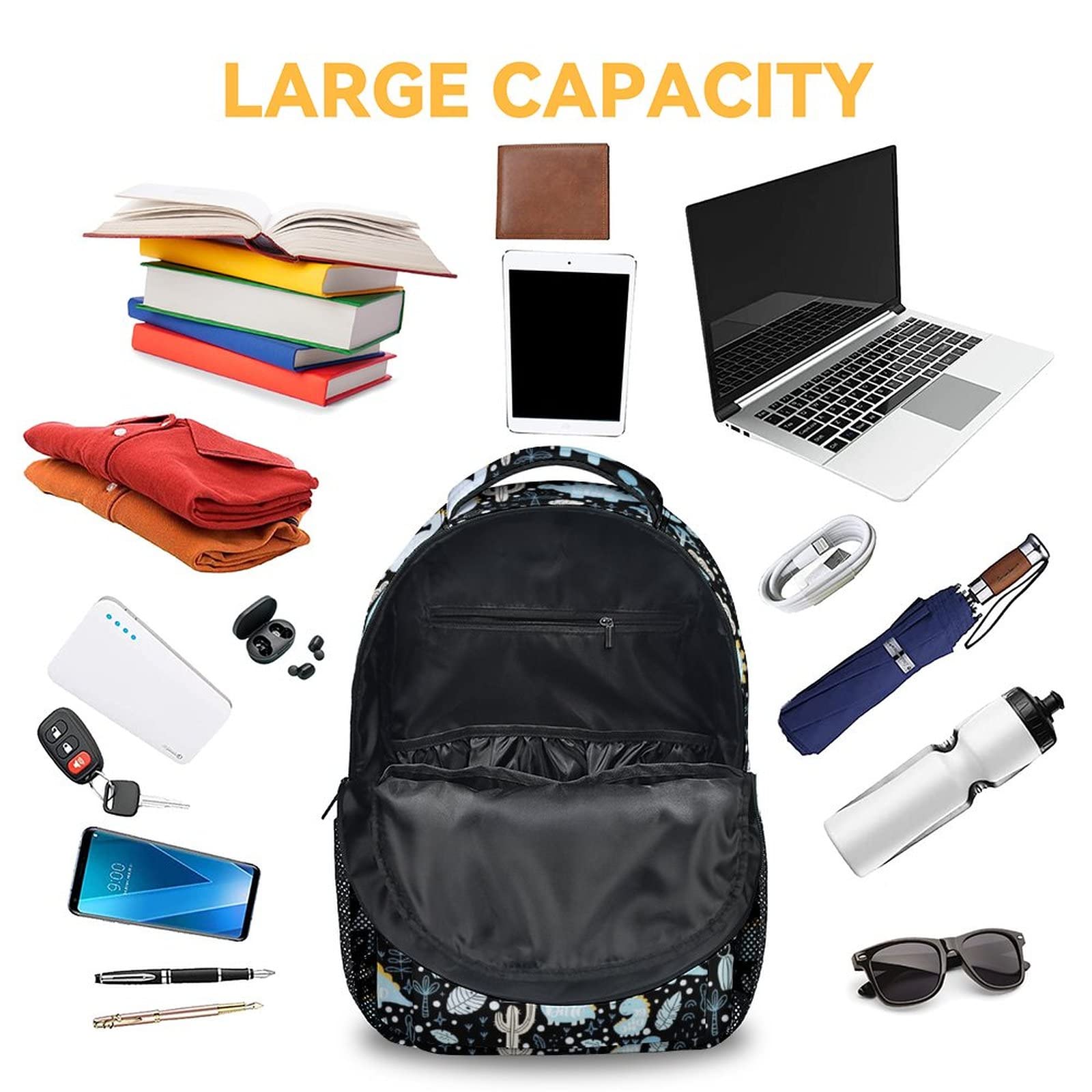 NICEFORNICE Dinosaur Backpacks Boys - 16 Inch Cute Backpack for School - Black Lightweight Bookbag for Kids