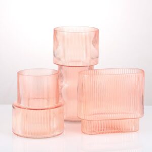 YANWE1 Ribbed Glass Vase, Pink Glass Vase, Flower Vase, Fluted Glass Vase, Ribbed Flower Vase, Clear Vase, Modern Vase for Living Room, Dining Room, Bathroom, Desk, Shelf, Wedding, Office, 7.1 Inches