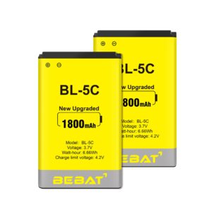 bebat (2 pcs) bl-5c battery, 3.7v 1800mah rechargeable bl-5c battery suitable for household radio, nokia with current protection