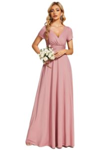 ever-pretty women's formal dress ruched waist v neck a line bridesmiad dress with sleeves dusty rose us8